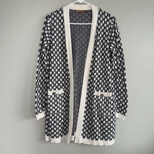 Belldini Open Cardigan Woman’s Size M Black White Checkered Long Sleeve Pockets